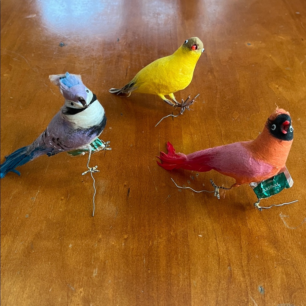 Rossini Vintage Blue Jay, Cardinal and Golden Sparrow Feathered Bird Ornaments.